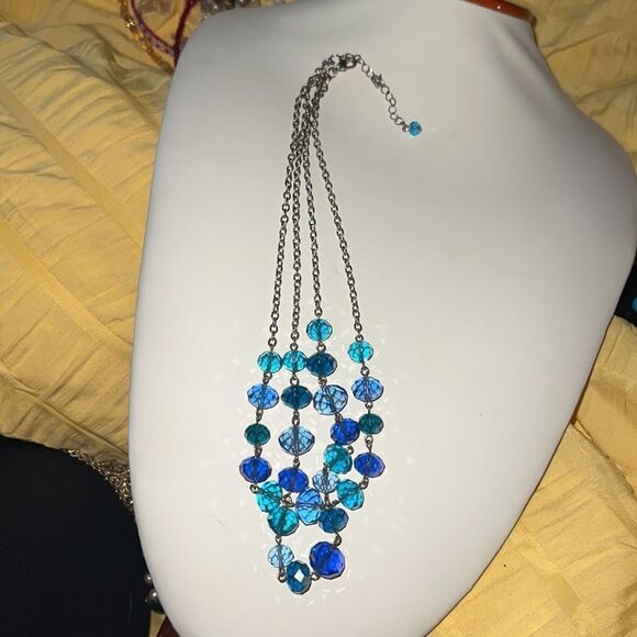 Cobalt & Sky Blue Crystals Double Strand Layer Beaded Women’s Necklace - Picture 4 of 9